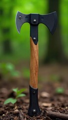 A sturdy, multi-tool axe for camping, featuring a sharp blade and a hammer head, perfect for chopping wood and self-defense in the wilderness ,  camping equipment,  equipment
