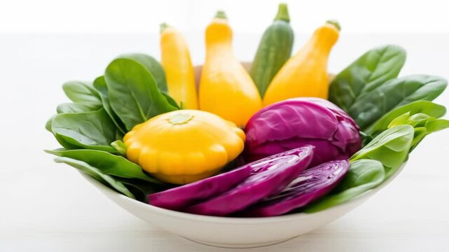 Fresh vegetables: spinach, red cabbage, yellow squash, zucchini, in a white bowl, concept of healthy eating and lifestyle.
