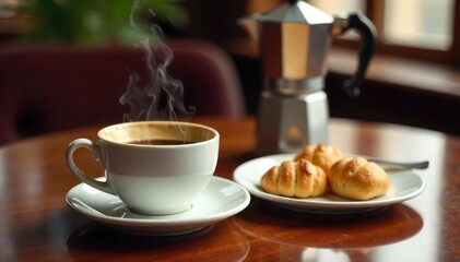 A steaming cup of coffee sits on a polished mahogany surface, next to a silver coffee pot and a small plate of pastries Elegant, classic, and ready to serve , quality, hot