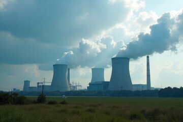 Sprawling Coal Power Plant Dominates Cloudy Landscape, Billowing Smoke Stacks Highlight Environmental Impact