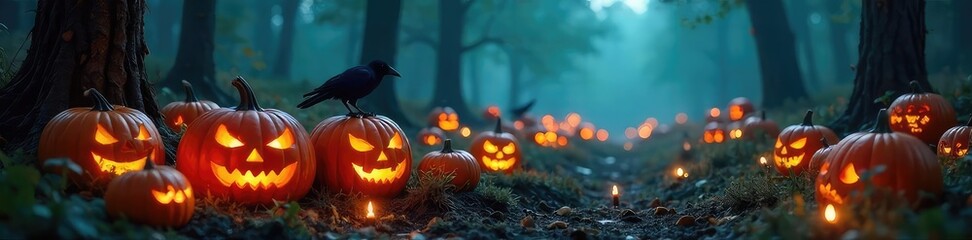 A spooky, atmospheric Halloween scene featuring a dimly lit pumpkin patch with spiderwebs, crows, and flickering candlelight, creating a perfect autumnal backdrop , leaves, trees, decoration