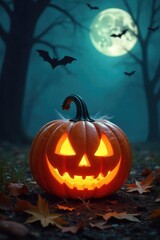 Obraz premium Spooky Halloween Jack-o-Lantern Scene Cobwebs, Bats, and Autumnal Atmosphere for Festive Decorations