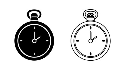 Two classic pocket watch icons one solid black and one outline symbolizing timekeeping.