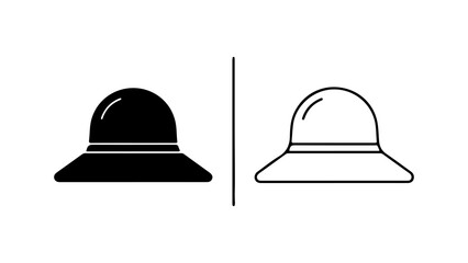 Womans summer sun hat icon set in solid and outline styles.