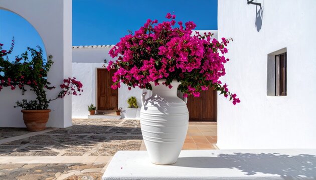 Vibrant pink bougainvillea bursting from a white vase, set against bright white architecture and a blue sky. Stone paving is under the vase