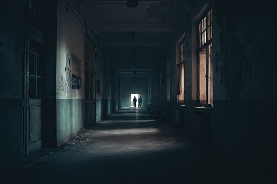 Abandoned hospital hallway with figures
