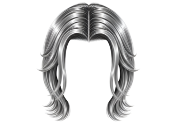 A stylized, detailed representation of a short, wavy, silver hairstyle against a black background.