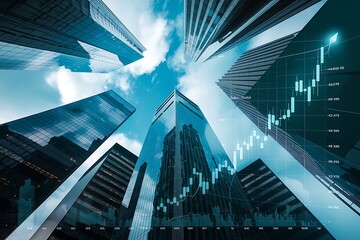 Real estate, development and investing concept with financial chart indicators and stock market graphs on city skyscrapers tops bottom view, double exposure