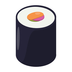 Colorful sushi roll with vibrant toppings placed on a minimalist white plate, set against a dark background