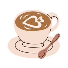 Hot coffee with heart shaped latte art served in ceramic cup on saucer with spoon. Flat cartoon style vector illustration isolated on white background