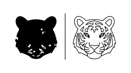 Two distinct tiger head illustrations one solid black silhouette and one detailed outline showcasing different artistic styles.