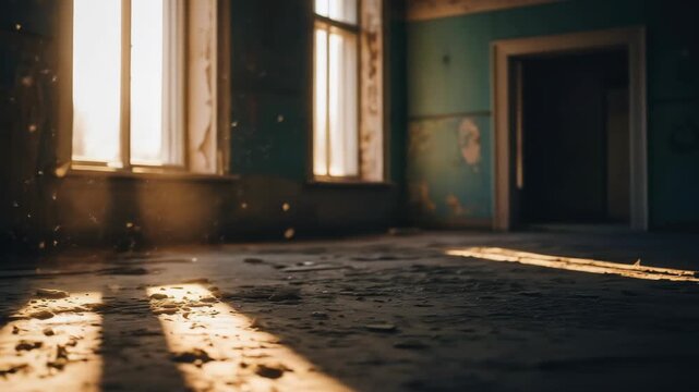 Sunlight streams into abandoned room with dusty floor through window, creating atmospheric interior.  Light, window, dust, room, interior, abandoned, sunlight