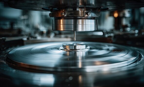 Close-up of a precision metalworking machine. A rotating disk with a focused tool pressing down.  Industrial machinery in action