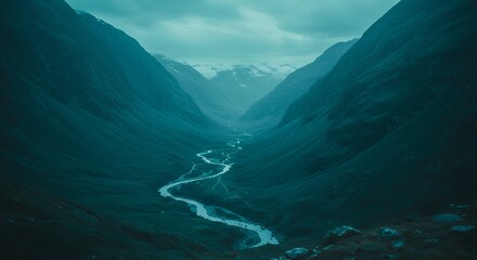 Mountain valley river winding road