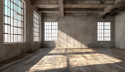 Industrial loft interior, sunlit