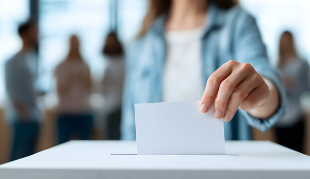 Woman casts ballot into voting box at polling station during election, emphasizing civic duty and democratic process in a modern setting.