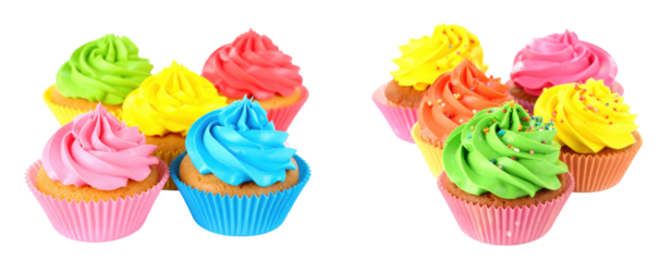Vibrant Cupcakes Displayed Against A Transparent Backdrop Featuring Pink Blue Green Yellow And Orange Frosting On Top of Golden Cupcakes