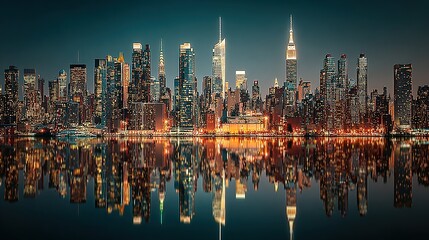 Fototapeta premium City skyline at night with illuminated buildings reflected in water.