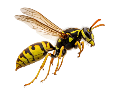 Close-up of a wasp in flight, showcasing intricate details of its body and wings against a pure black background.