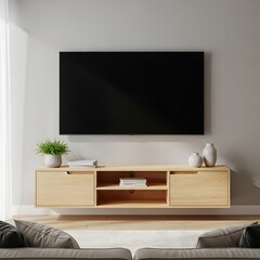 A light-toned wooden wall-mounted entertainment center displays a large, dark screen television in a minimalist modern living room setting.