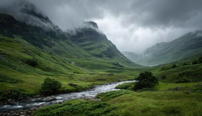Lush valley with misty mountains
