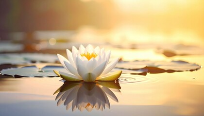 Elegant white flower rests on water, its reflection shimmering in the golden light of dawn. Lily pads surround it in a tranquil scene