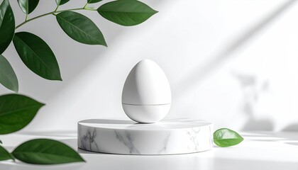 White egg-shaped object on marble pedestal, surrounded by green leaves against a bright white background with soft, sunlit shadows