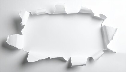 Torn white paper revealing bright space. Ragged edges curl inward, creating an abstract frame against the bright background
