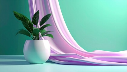 A vibrant image shows a potted plant against a teal backdrop, draped with flowing, soft-pink fabric creating a pleasing, minimal scene