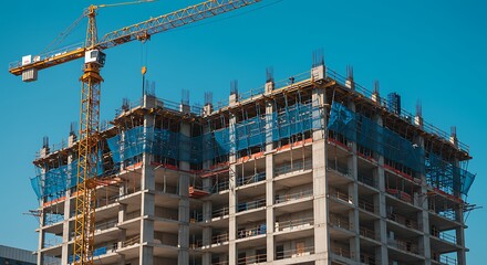 Architectural progress on a new high-rise building, with a concrete framework and a large tower crane symbolizing urban development