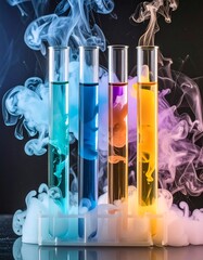 Colorful liquids swirl in test tubes, surrounded by plumes of colored smoke