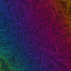 A vibrant, abstract digital illustration of a complex circuit board pattern with a rainbow gradient.