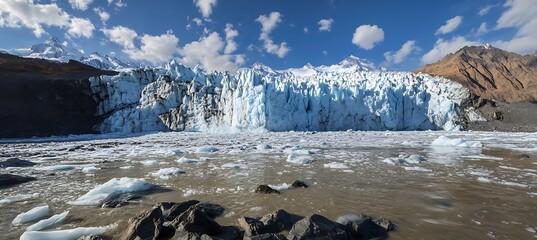 Panoramic view of a glacier with melting ice and rocky mountains landscape