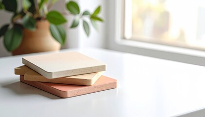 Stacked square coasters near a window with a small green plant adding warmth to an interior