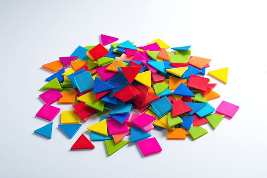 Colorful plastic shapes scattered on white background