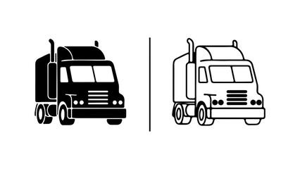 Two semitruck illustrations one solid black and one outline representing transportation and logistics.