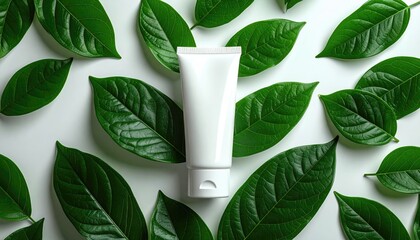 Smooth white tube nestled among vibrant green leaves on a stark white surface, conveying natural skincare, freshness, and serene simplicity