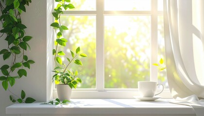 Sunlit window with vines, draped curtain, and a white teacup atop a windowsill. Bright, relaxing scene capturing the essence of a tranquil morning