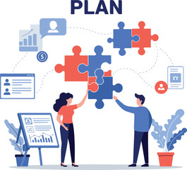 Teamwork and planning concept with people connecting puzzle pieces.