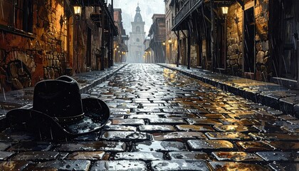 Rainy cobblestone street with glowing streetlights leads to a distant tower, with a black cowboy hat on the left side of the street