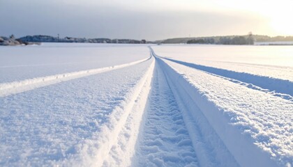 Snow tracks stretch to distant horizon, fading into sunlight over a frozen field in a wintry, serene landscape under a slightly clouded sky