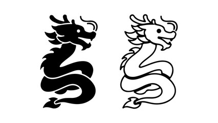 Two stylized Chinese dragon illustrations one black and one white.