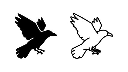 Two stylized crow silhouettes one black solid one white outline in flight showcasing contrasting design approaches.