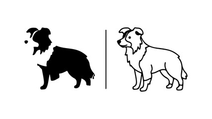 Two stylized dog illustrations one solid black and one outline standing side by side.