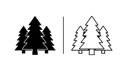 Fototapeta premium Two stylized evergreen trees in silhouette and outline.