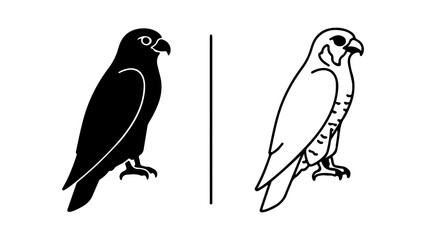 Two stylized falcon illustrations in black and white.