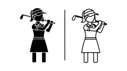 Two stylized female golfers in action with golf clubs.