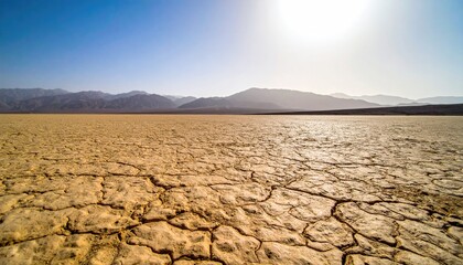 Cracked, arid desert ground stretches toward hazy mountains under a bright sky, sun shining high in the frame, expansive arid landscape
