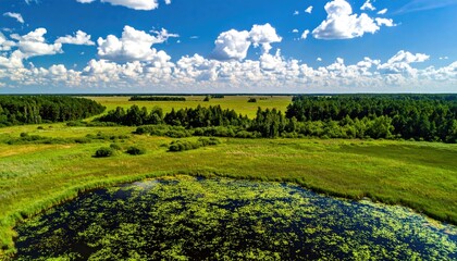 Aerial view of a swampy marshland, with varied green vegetation under a bright blue sky scattered with fluffy white clouds on a sunny day