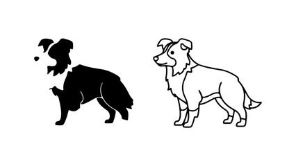 Two stylized illustrations of a border collie dog one black silhouette and one line drawing.